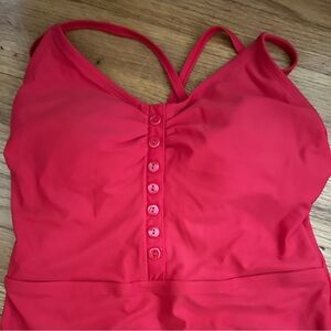 Kona Sol red one-piece swimsuit with mid band and faux button detail (size L)